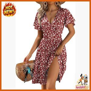 Floral Wrap Sundress Ruffle Sleeve A-Line V-Neck Party Casual Chic